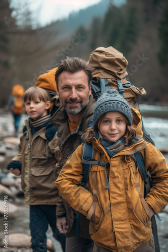 A family hiking in nature together enjoys an outdoor adventure.