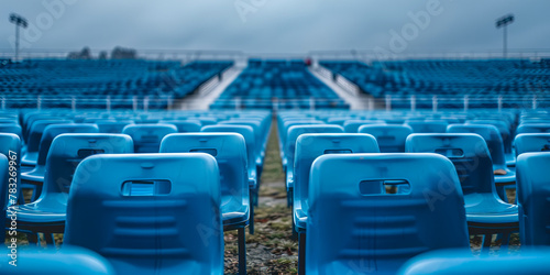 Empty Blue Stadium Seats with Rainy Atmosphere photo