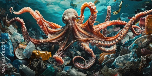 An octopus surrounded by garbage in the ocean. Suitable for environmental awareness campaigns © Fotograf
