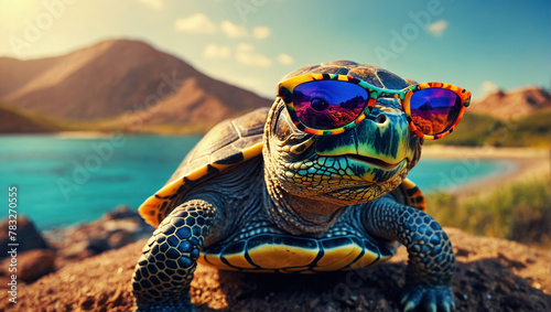 Turtle on the beach wearing sunglasses in pop art style.