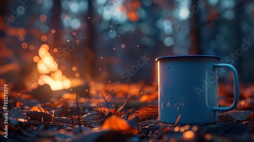 Cozy campfire night with a cup among autumn leaves in the forest