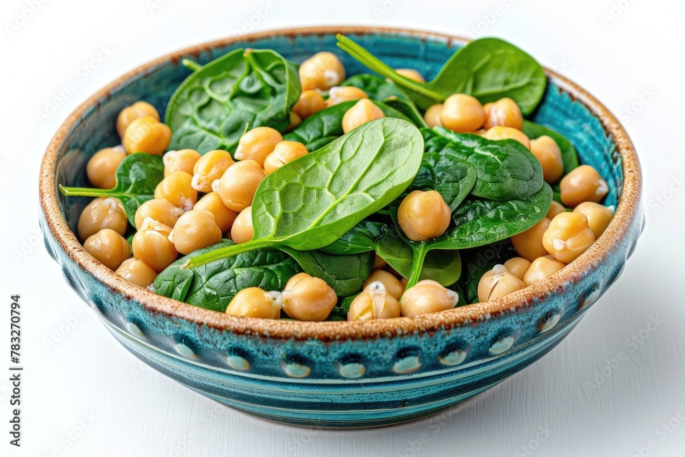 Fresh spinach and chickpeas in a blue bowl, perfect for healthy eating concepts Fresh spinach and chickpeas in a blue bowl, perfect for healthy eating concepts