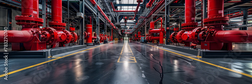 Selective focus of Red water pipes and fire extinguishing system valves in the building.