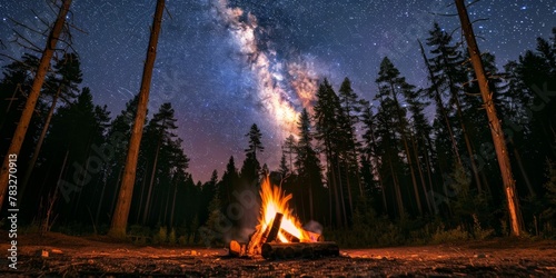 Campfire burning in forest under starry night sky