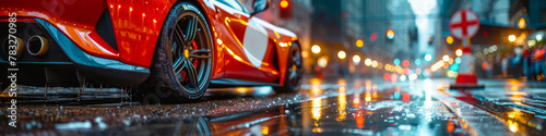Sleek Sports Car on Rainy City Street at Night photo