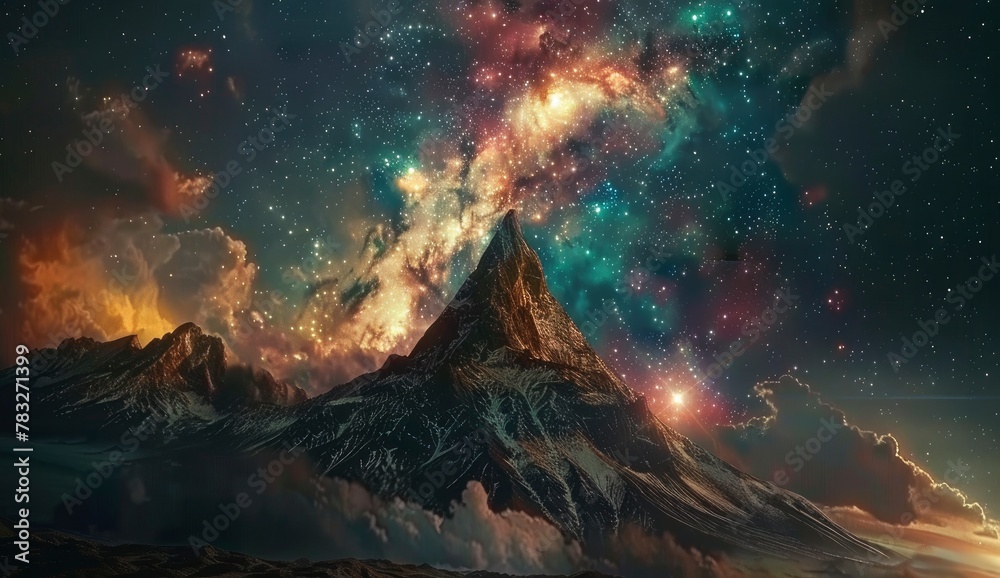 A mountain in space, starry sky with galaxies and stars.