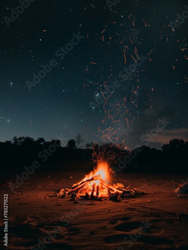 Campfire burning bright in middle of field at night
