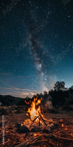 Campfire burning with milky way in background