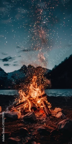 Campfire burning in field with mountain background