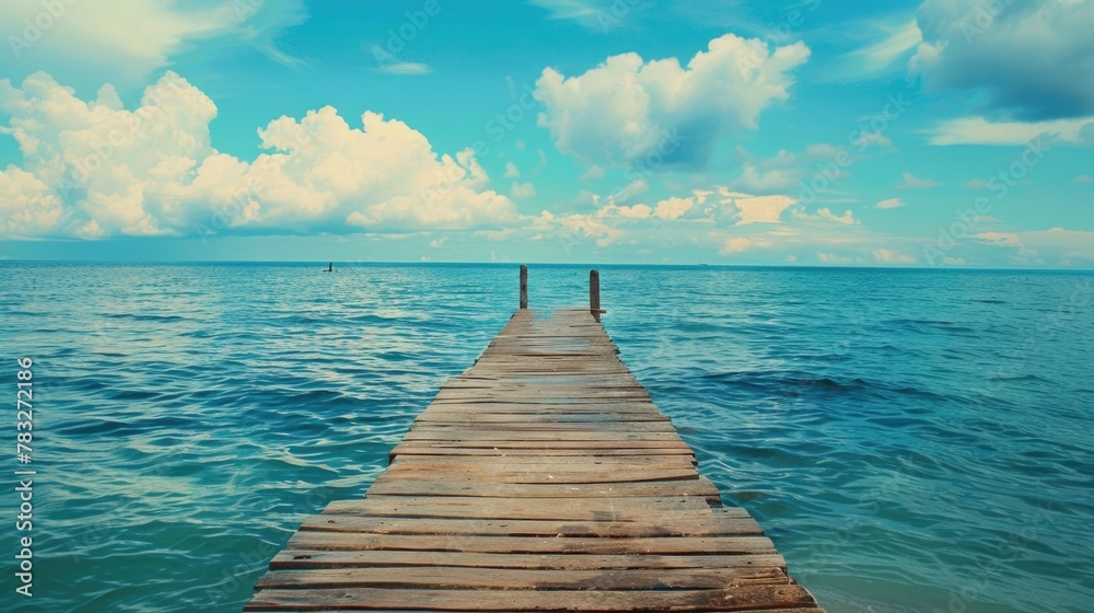 A scenic view of a wooden pier reaching out into the vast ocean. Perfect for travel and vacation concepts