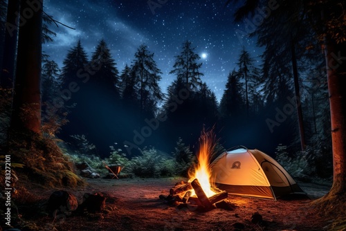 A bright tent in the night forest and a fire. Concept of tourism  vacation  travel  hiking 