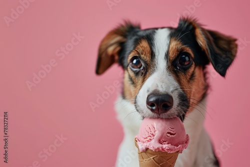 Cute dog happily eats pink ice cream on a pink background, with copy space for text © Tatiana