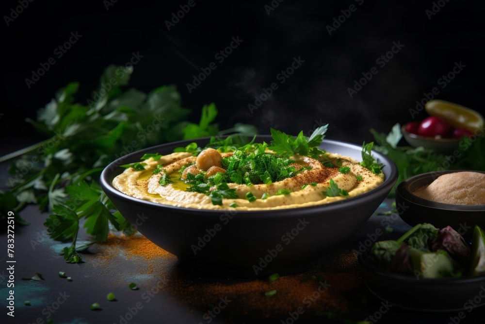 Fresh hummus in a plate with chickpeas nearby and greens on a dark background
Fresh hummus in a plate with chickpeas nearby and greens on a dark background