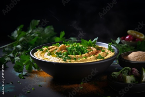 Fresh hummus in a plate with chickpeas nearby and greens on a dark background 