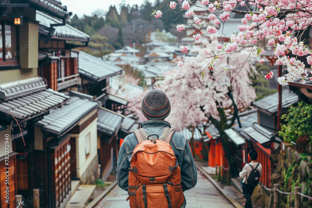 Tourist man standing  on the street with pink blooming Sakura trees in Japan, village with mountains on background. AI Generation.