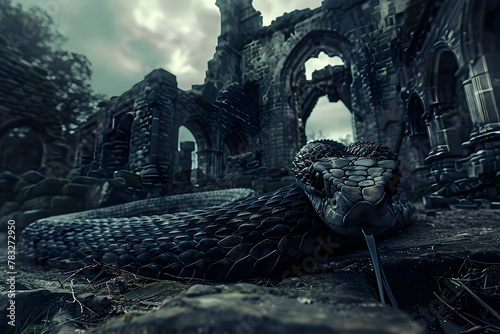Sinister Serpent Coiled Amidst Gothic Ruins:A Dark and Ominous Presence Lurking in the Shadows