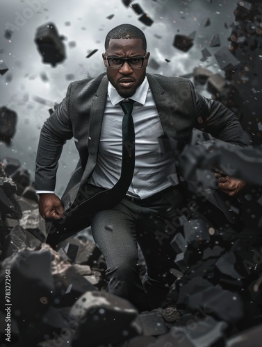 Empowered African American businessman breaking through obstacles in business environment