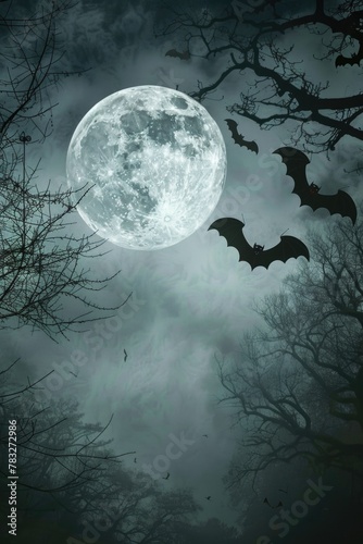 Bats flying in front of a full moon. Suitable for Halloween themes