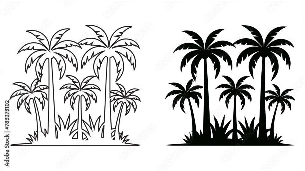  silhouettes of palm trees isolated on a white background., 
