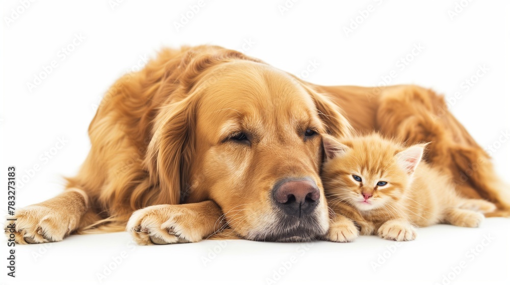 Cat and dog together, isolated on white. Retriever and kitten