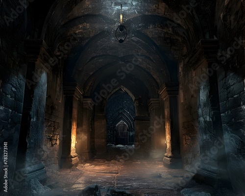 Cryptic Chamber in Abandoned Gothic Catacombs A Grandiose and Ominous Archway Leads into the Unknown Depths of a Mystical Underworld