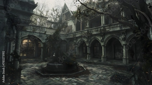 Haunting Gothic Estate Courtyard Shrouded in Eerie Atmosphere and Echoes of Past Tragedies