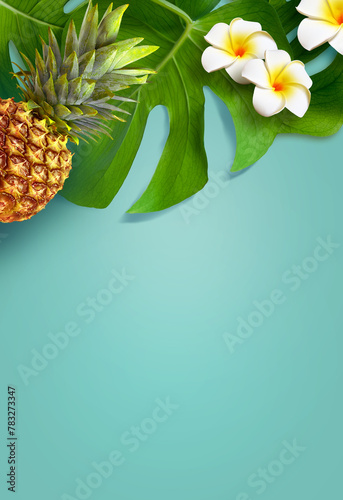 Top view of holiday travel beach with pineapple, flower plumeria and monstera leaves on blue background