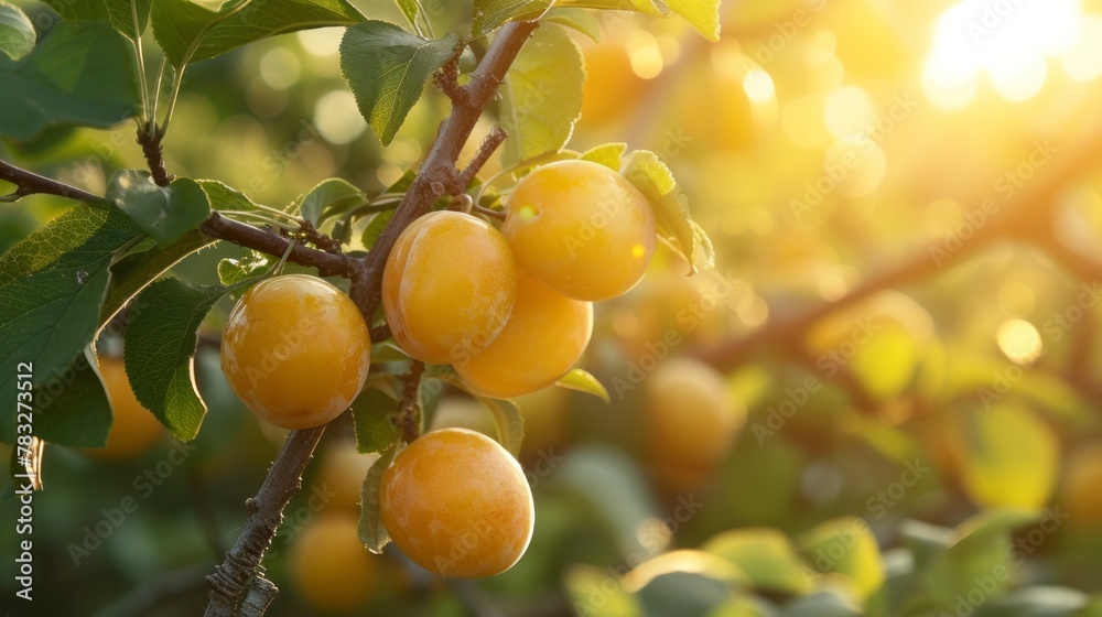 Harvest of ripe juicy yellow plums on a branch in the garden, agribusiness business concept, organic healthy food and non-GMO fruits with copy space
