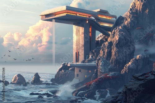 Futuristic cliff house with a view of the ocean photo