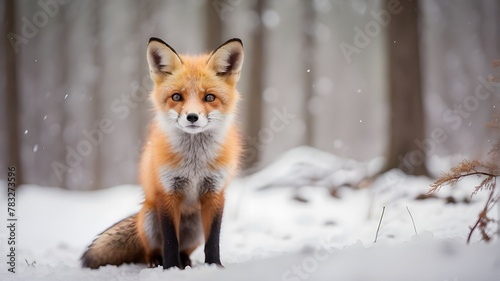 Adorable young fox on a wintry day in a forest. © UZAIR