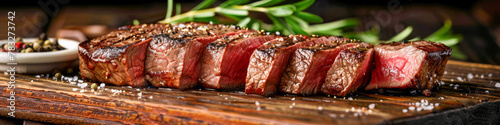 Juicy Medium Rare Steak Sliced on Wooden Board