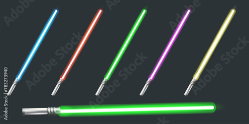 Blue, red, green, pink and yellow laser sword lightsaber set isolated on grey galaxy background. May the 4th be with vector illustration with neon glowing lighting sword. Star wars day poster