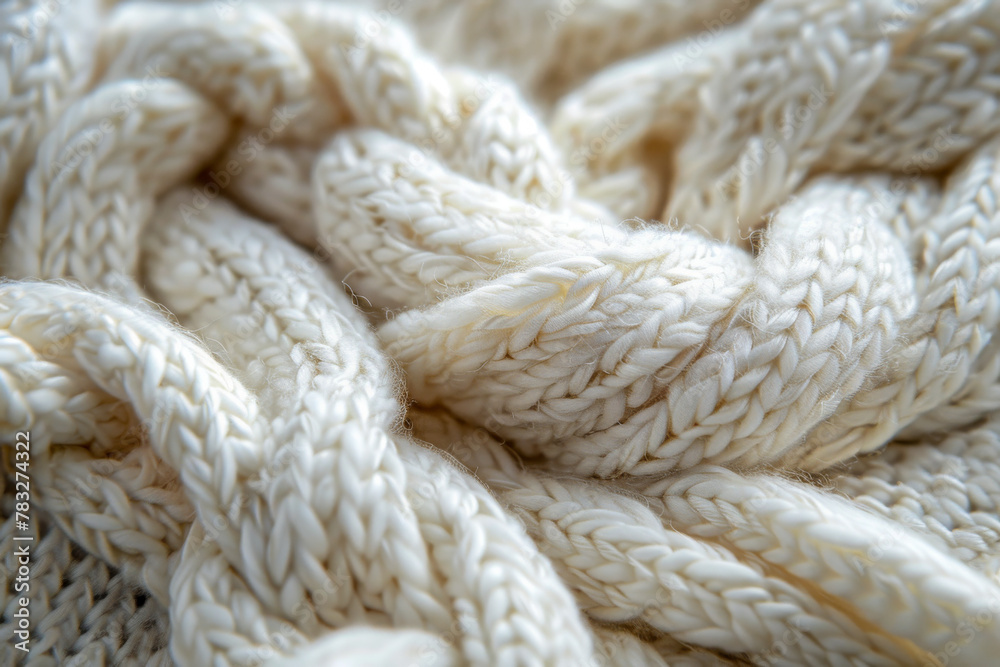 Close-Up Texture of Cozy White Knitted Woolen Fabric