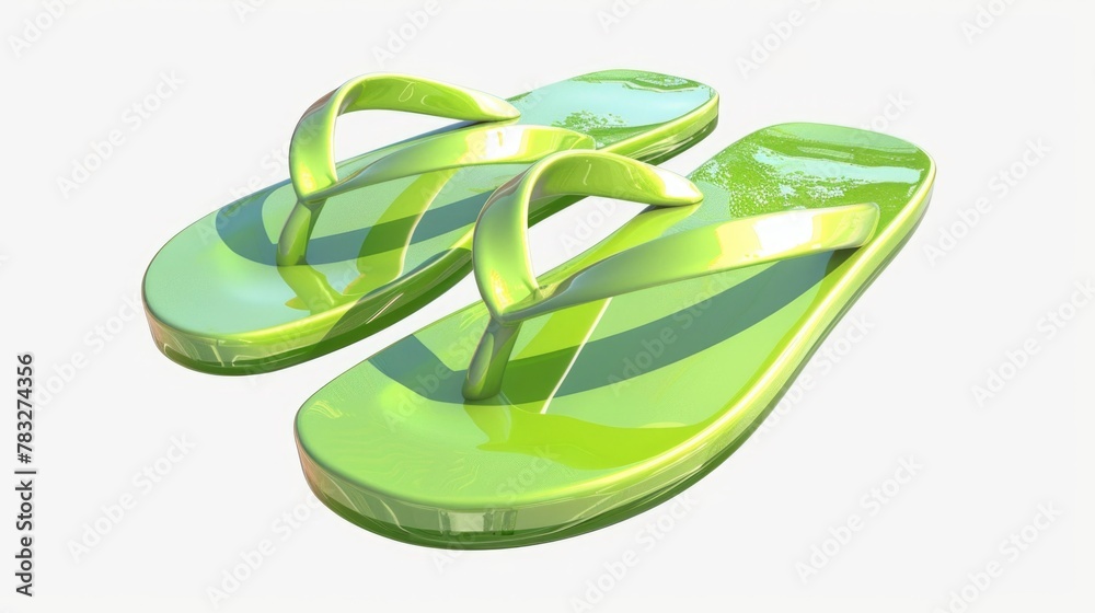 A pair of green flip flops on a white surface. Suitable for summer themes - obrazy, fototapety, plakaty 
