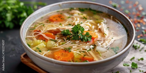 A delicious bowl of soup with noodles and fresh vegetables. Perfect for food blogs and restaurant menus