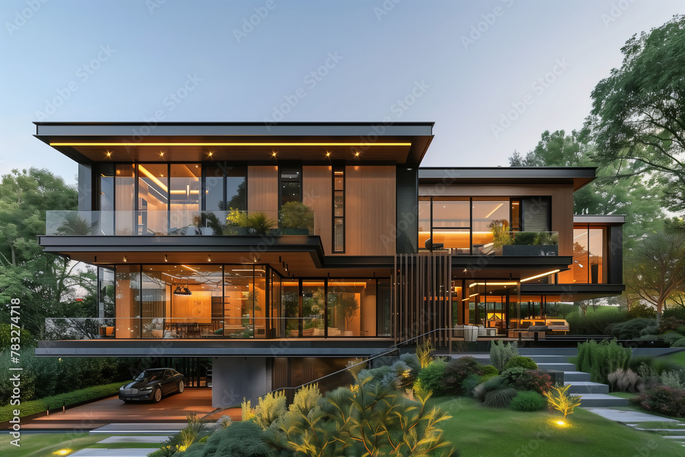 Selective focus of modern house on hillside with wooden details and green landscaping.