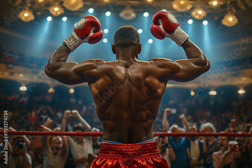 Rear view of a male boxer raising his hands on the stage. The audience below the stage cheered.