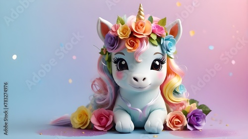 Adorable rainbow baby unicorn with pastel colors, a flower crown, and rainbow-colored hair, perfect for children's fancy magic