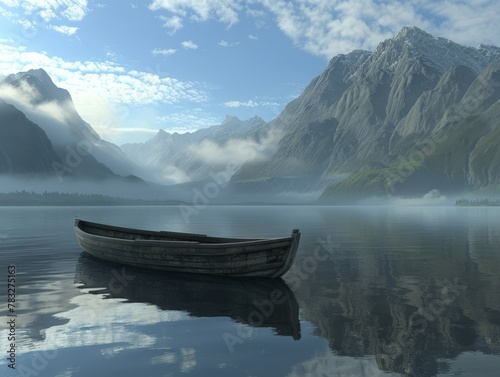 Boat floating on lake surrounded by mountains