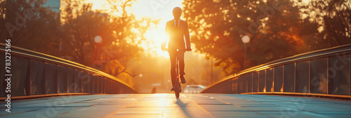 Young businessman rides an electric scooter to go to work in the city.