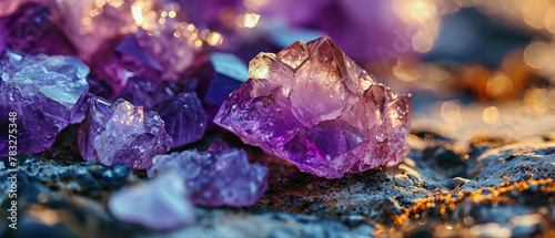 Vibrant Amethyst Crystal Cluster on Rock photo