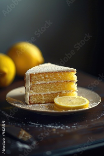 A slice of cake with lemons in the background. Ideal for food blogs or bakery advertisements