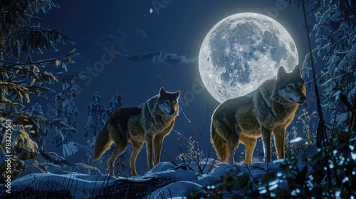 Majestic image of two wolves under the full moon. Ideal for nature and wildlife themes