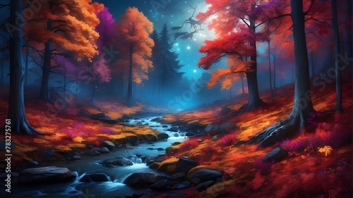vibrant A breathtakingly gorgeous forest with spectacular fall color at night. A dimly lit, fantastical forest landscape at night photo