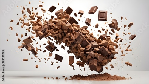 Chunks of chocolate bars bursting in midair, isolated on a white background, sweet dessert ingredient explosion image
