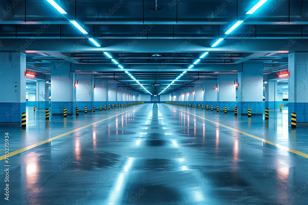 A sleek, well-lit underground parking space, highlighting the modern design and symmetry of its architecture