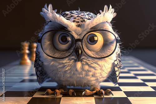 Owl Wearing Glasses on Chessboard

