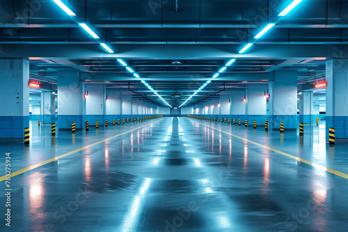 A sleek, well-lit underground parking space, highlighting the modern design and symmetry of its architecture #783275934