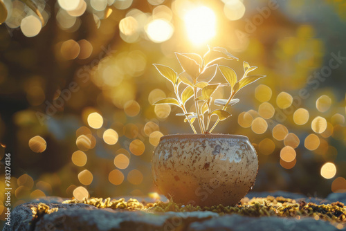 Sunlight envelops a young plant in a weathered pot, against a bokeh background of golden orbs