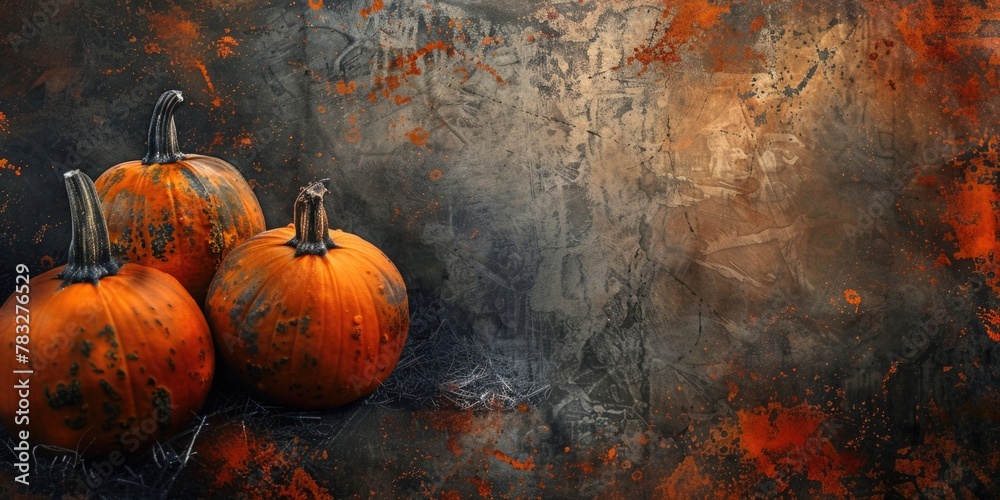 Three orange pumpkins sitting on a table, perfect for autumn decorations - obrazy, fototapety, plakaty 